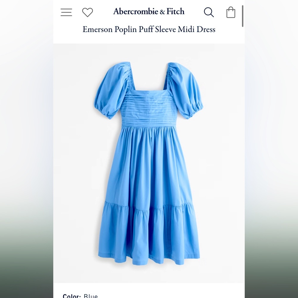 Abercrombie & Fitch, Blue Emerson Poplin Puff Sleeve Midi Dress